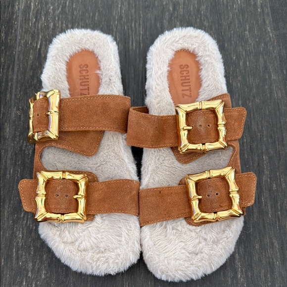 SCHUTZ  Enola Tan and Gold Fur-Lined Slides - Picture 5 of 7